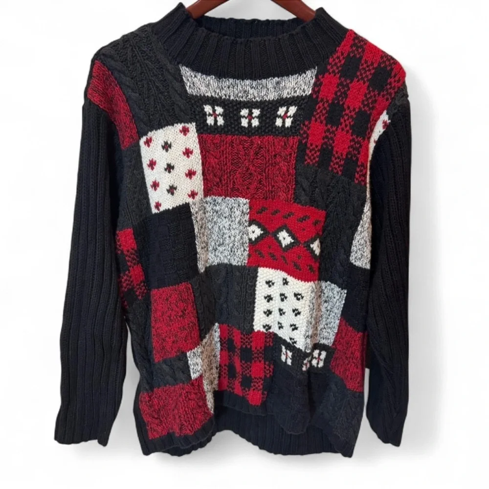 Liz Claiborne Red and Black Patchwork Sweater - Picture 2 of 7
